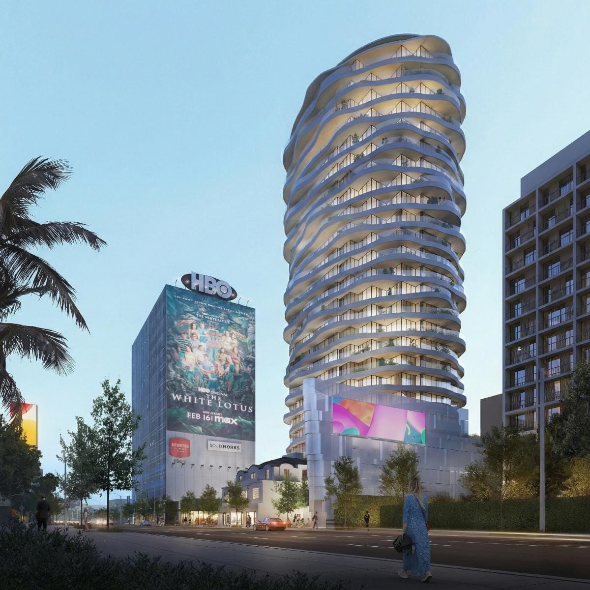Rendering of the proposed 25-story mixed-use high-rise at 9034 Sunset Blvd on the Sunset Strip in West Hollywood