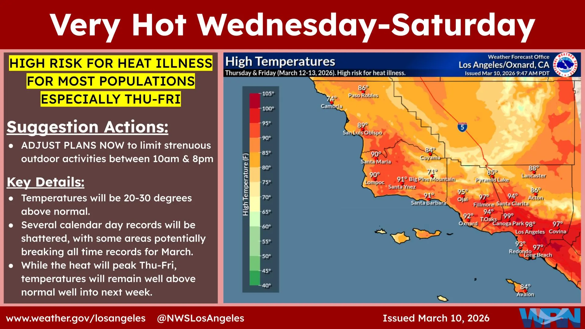 NWS Los Angeles March 2026 Heatwave Forecast Map